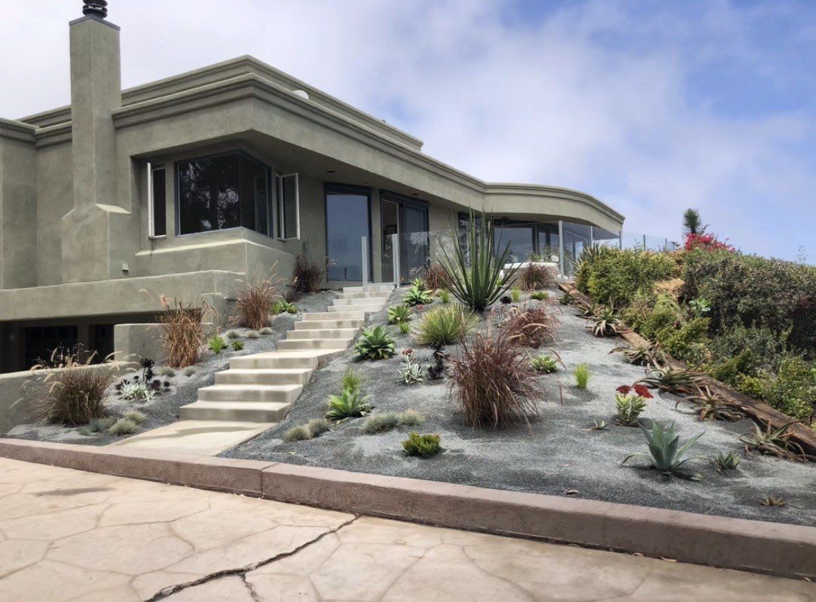 Drought-tolerant planting on a front slope in California